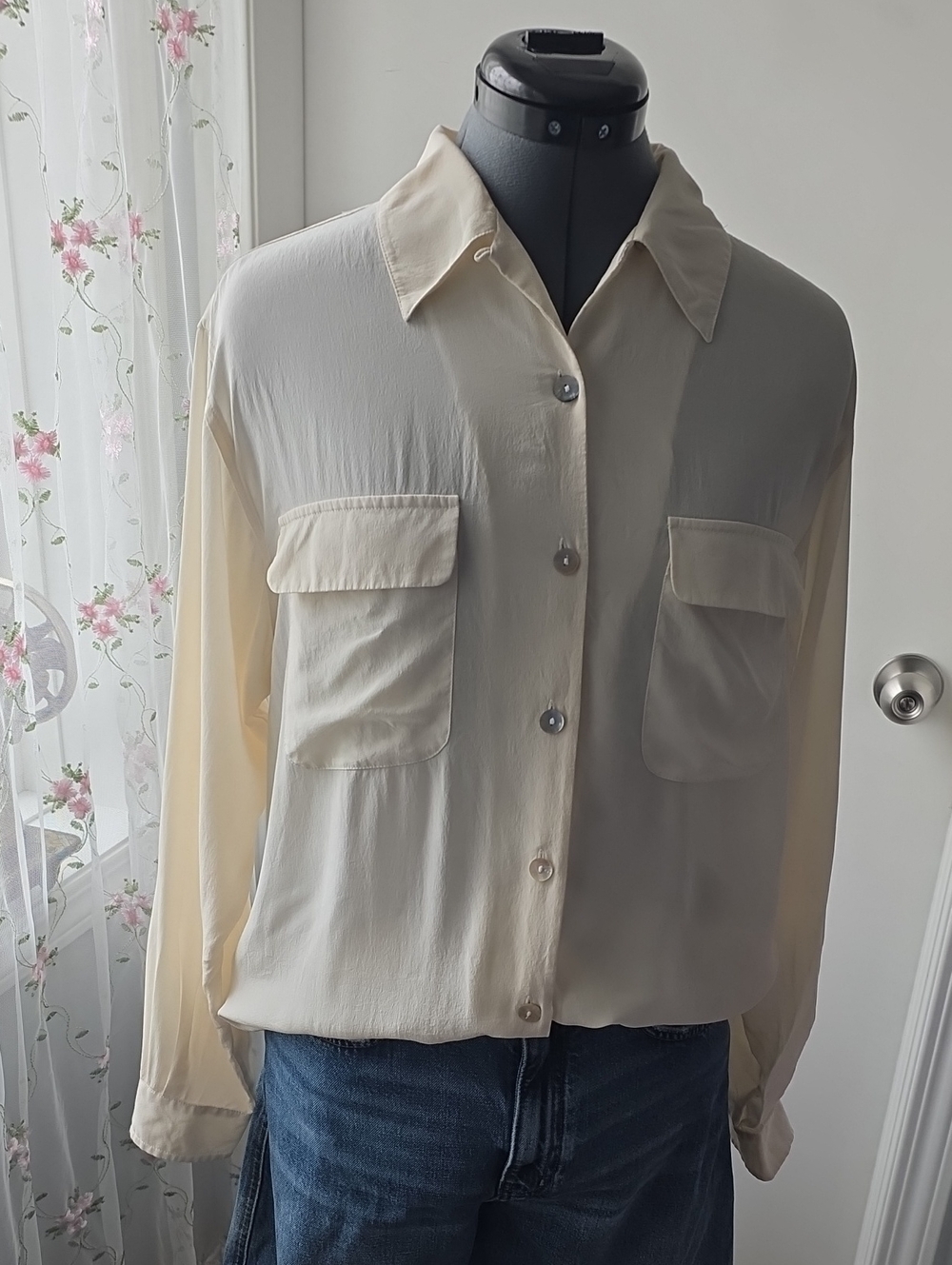 Women's Cream Button-Down Shirt with Front Pockets